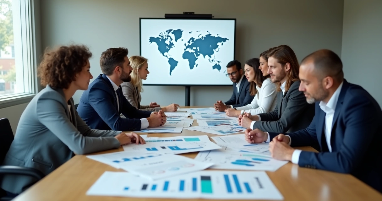 Equipe de vendas do setor financeiro reunida em mesa de reunião, analisando prazos. 