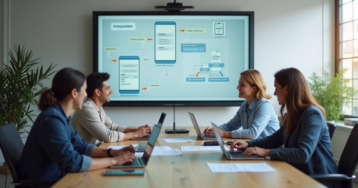 Equipe discutindo briefing de aplicativo em mesa de reunião 