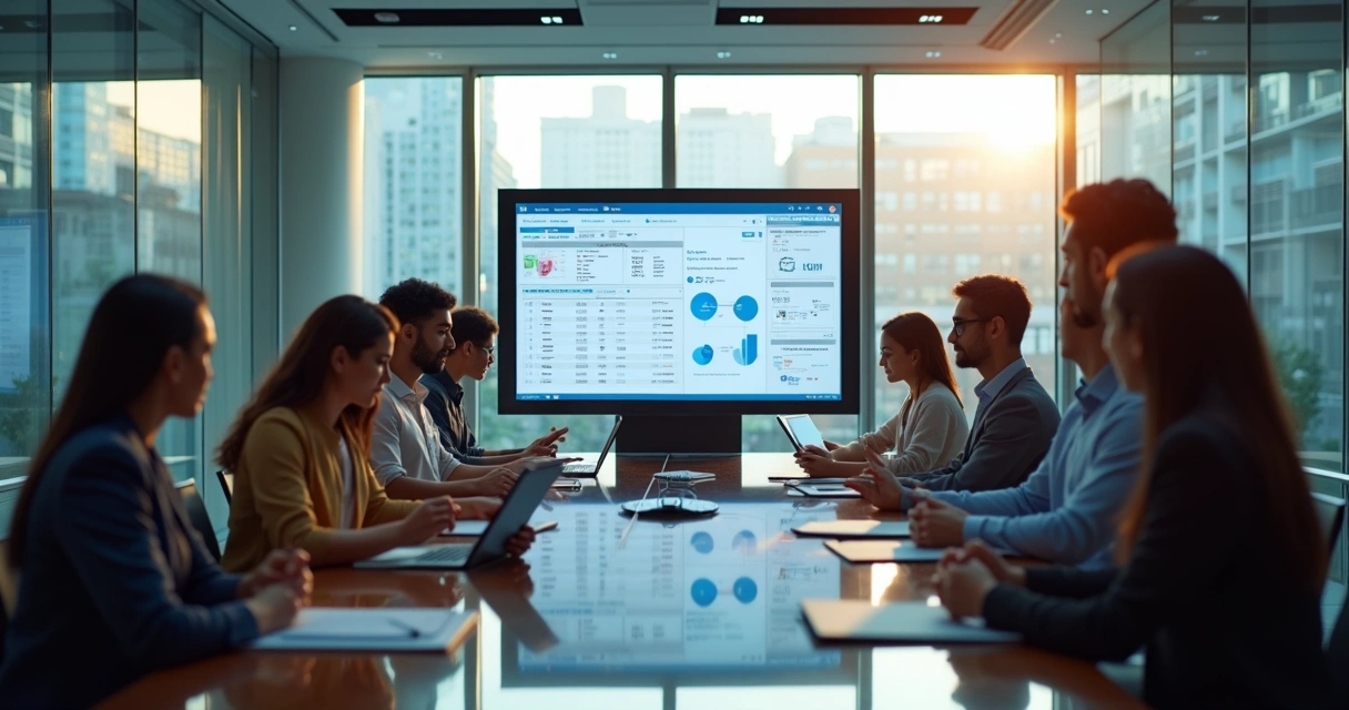 Equipe discutindo relatório de progresso do chatbot em sala de reunião