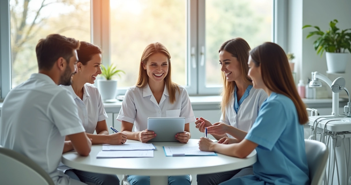 Equipe de clínica odontológica em reunião descontraída 