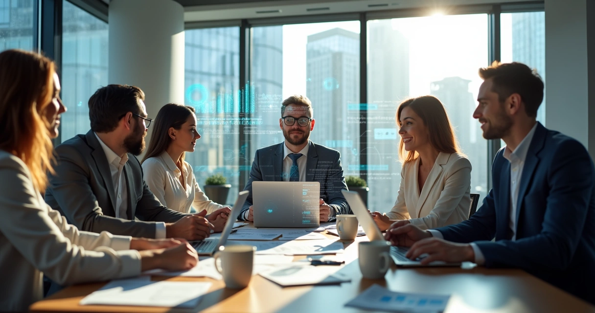 Equipe discutindo dados em reunião com notebooks e gráficos digitais 