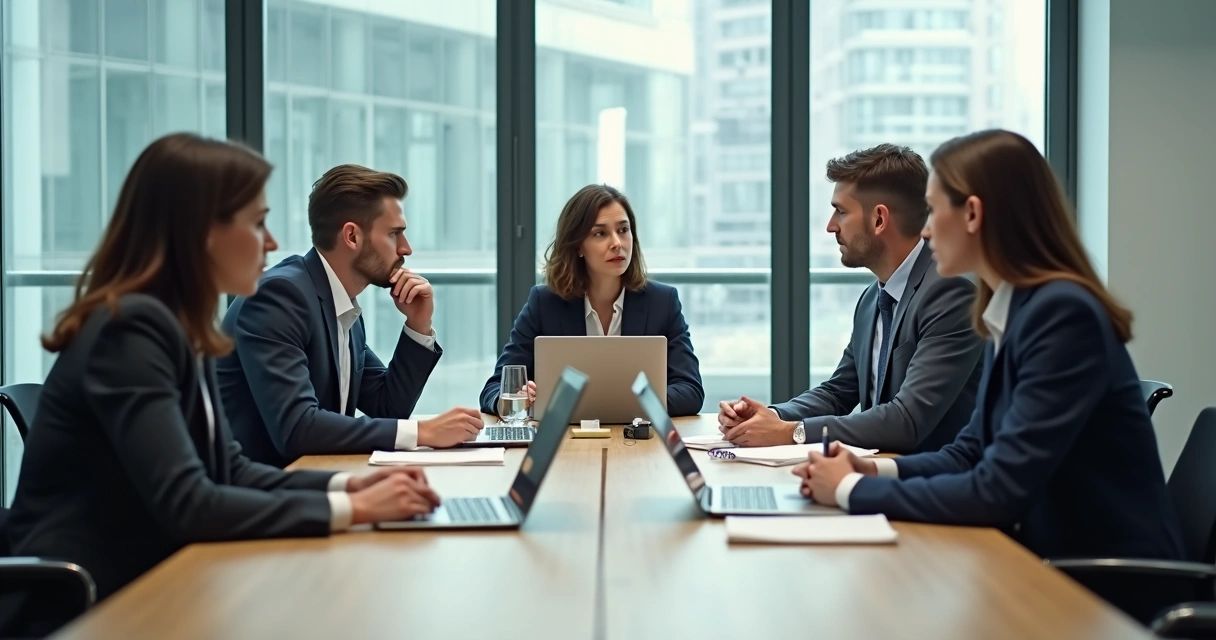 Equipe em reunião silenciosa com tensão não dita na sala 
