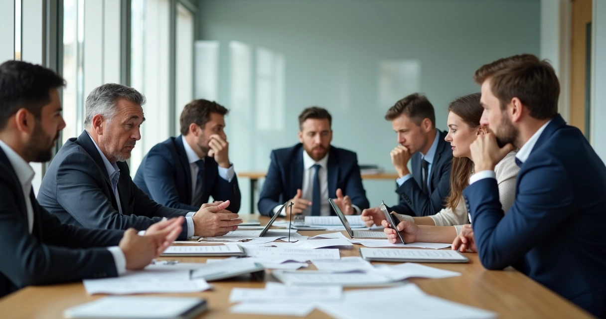 Equipe reunida ao redor de uma mesa, rostos preocupados, papéis misturados mostrando desorganização