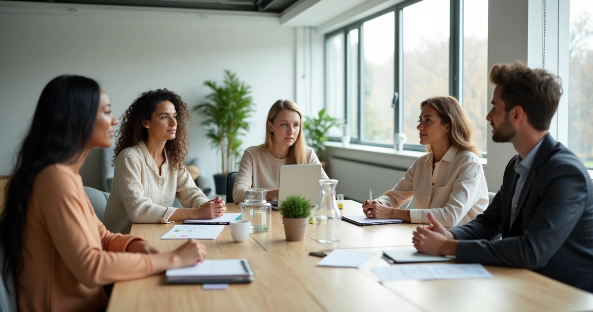 Equipe diversa em reunião de trabalho com clima calmo e focado 