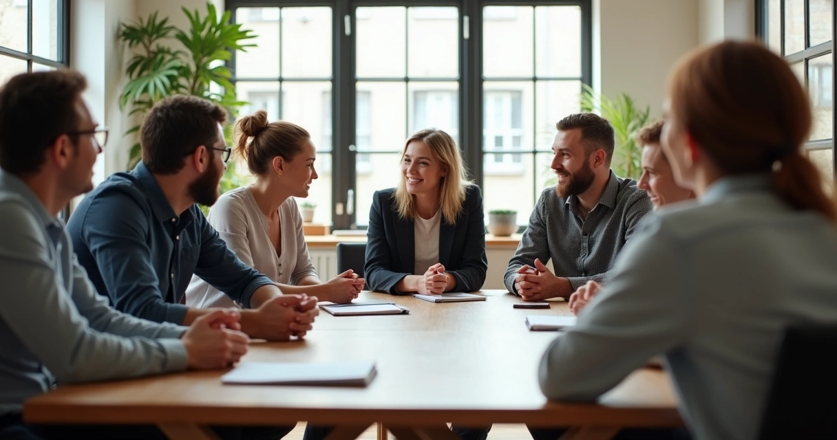 Equipe de trabalho conversando em círculo durante reunião informal 