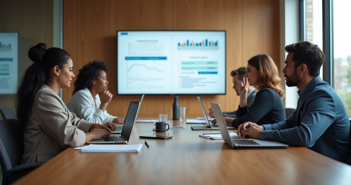 Equipe em reunião com um membro isolado simbolizando crenças limitantes sabotando o trabalho em grupo 