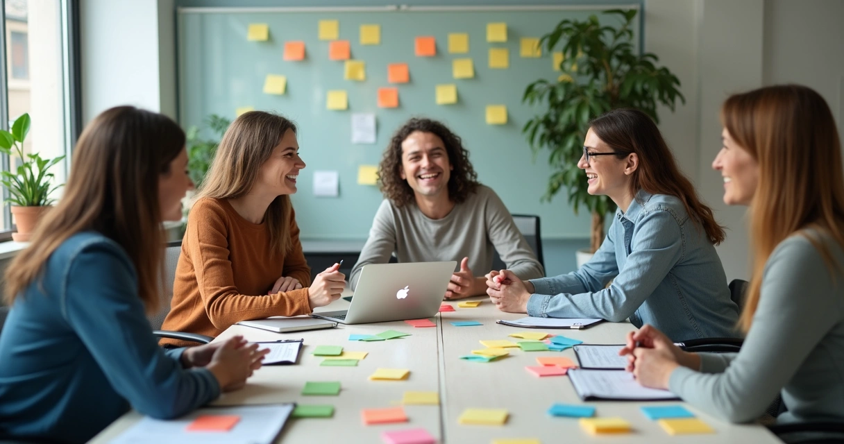 Equipe em reunião colaborativa com post-its e clima leve