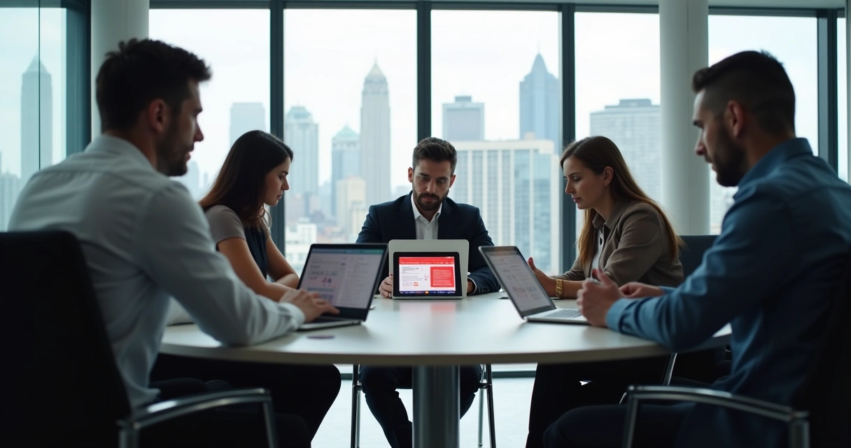 Equipe de crise reunida para discutir exposição de marca com influenciador 
