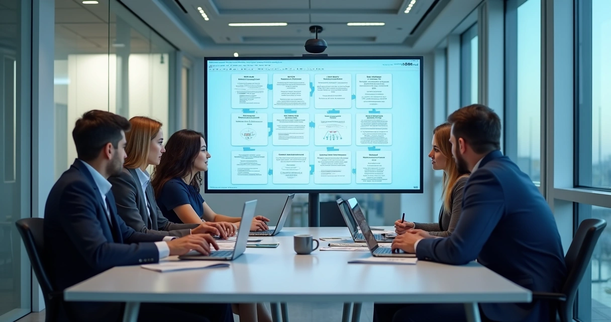 Equipe reunida avaliando fluxos do CRM em uma sala de reunião 