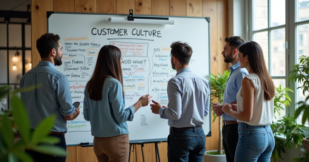 Equipe de pequena empresa reunida, quadro branco com palavras-chave de cultura do cliente 