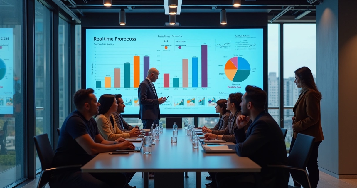 Equipe de imobiliária analisando gráficos de dados em sala de reunião moderna 