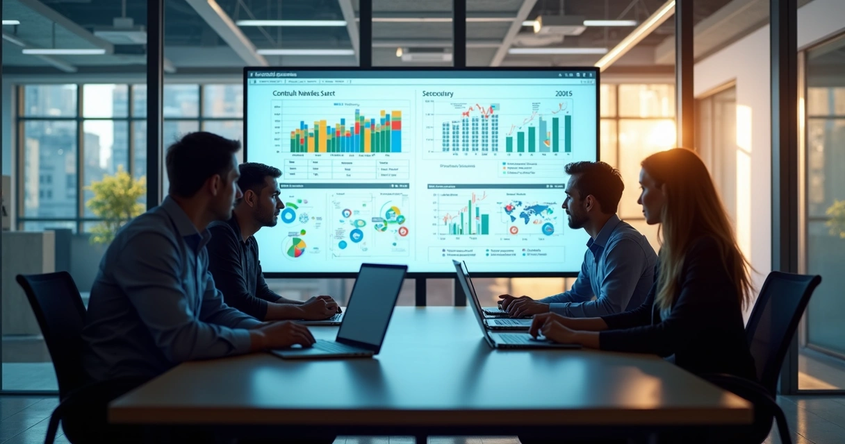 Equipe em reunião olhando dashboard de negócios 