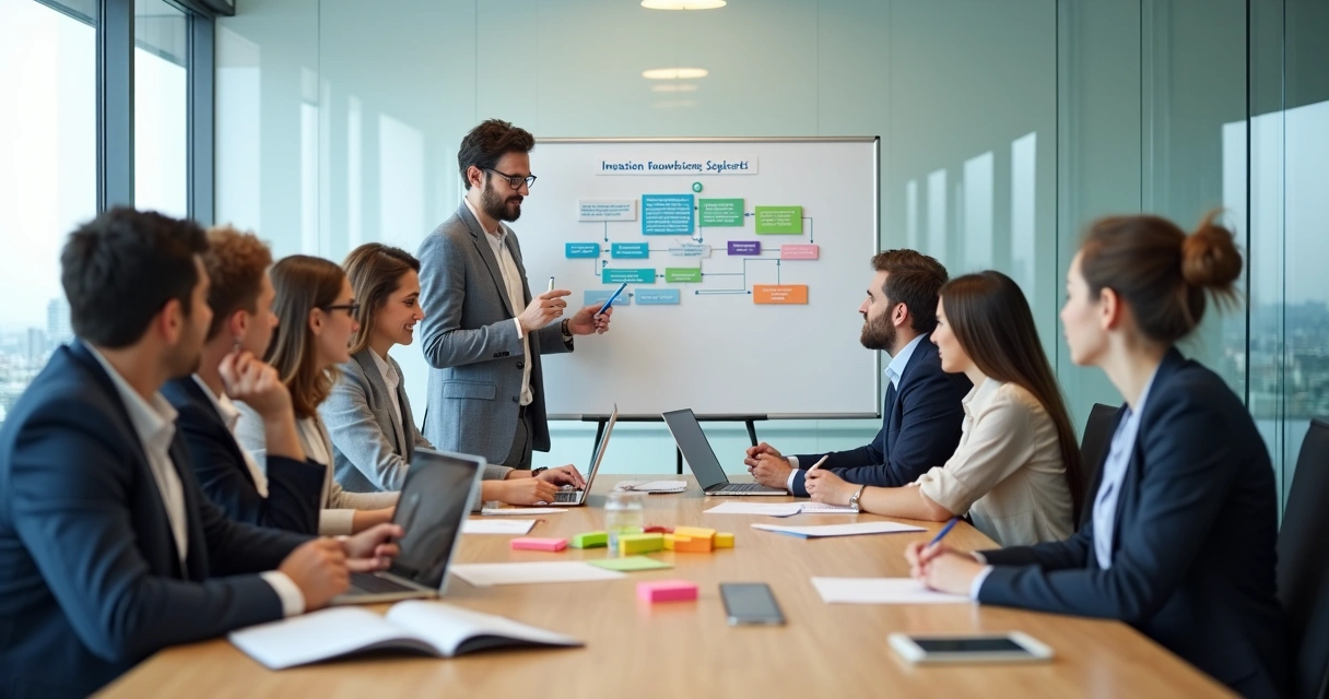 Equipe em reunião avaliando decisão com calma e foco 