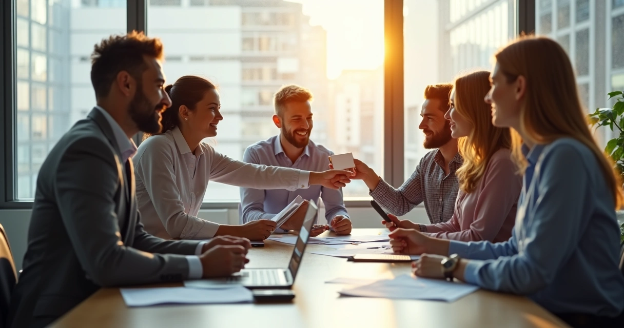 Equipe reunida em torno de uma mesa, discutindo tarefas e responsabilidades. 