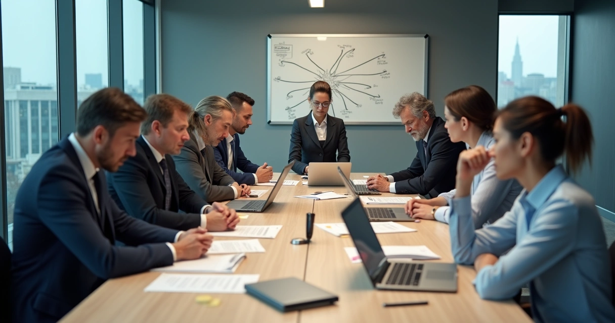 Equipe mista em reunião com clima tenso e desalinhado 