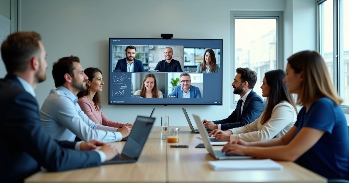 Equipe em reunião virtual com telas e anotações digitais