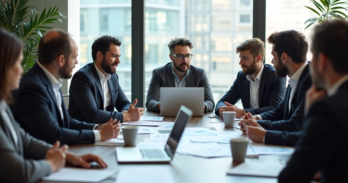 Equipe multifuncional reunida em uma mesa de reunião, discutindo gráficos e estratégias 