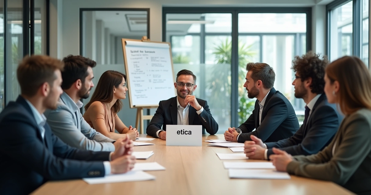 Equipe sentada em uma mesa de reunião discutindo um dilema ético 