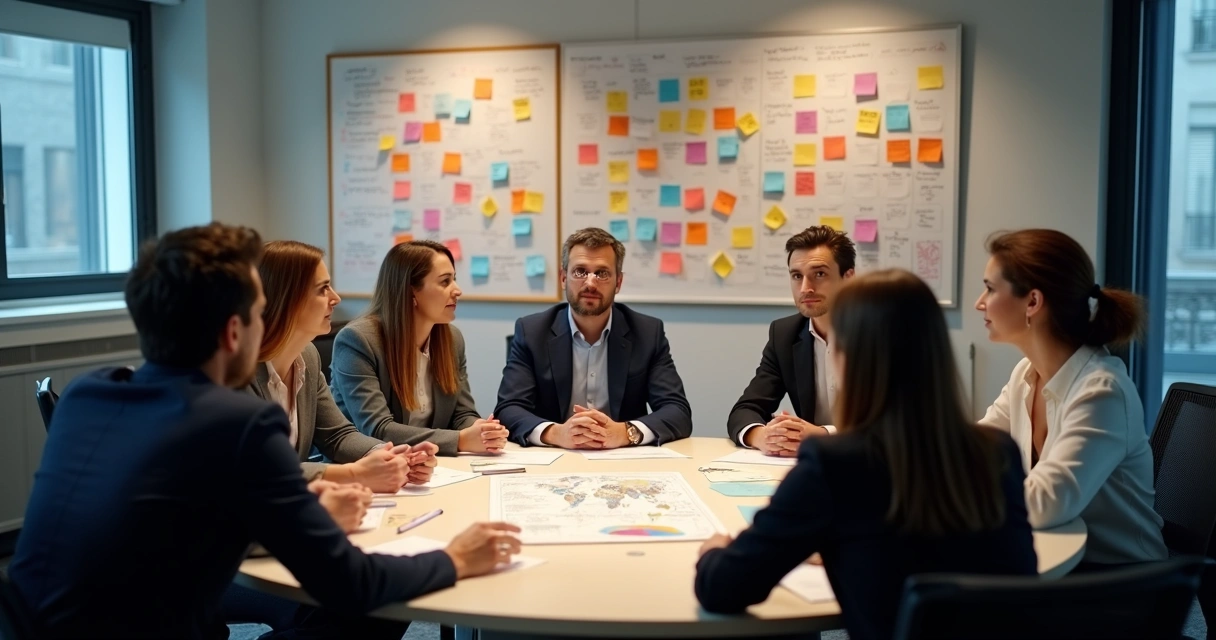 Equipe diversa reunida em mesa redonda com quadros de ideias ao fundo 