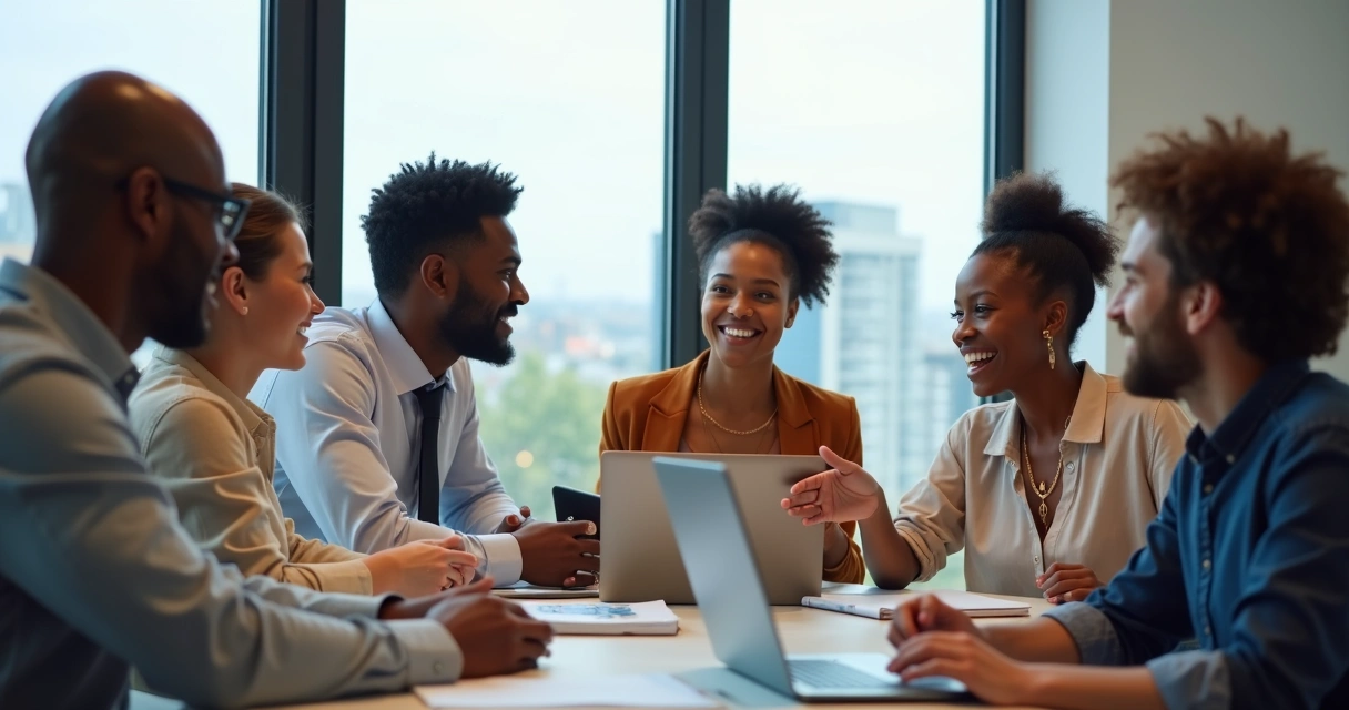 Equipe diversa em reunião, com pessoas de diferentes idades e gêneros ao redor de uma mesa 