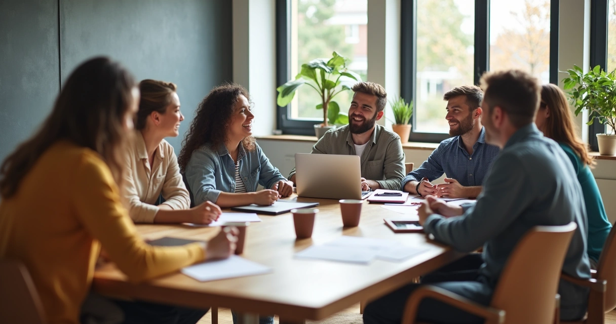 Equipe reunida em mesa com expressões variadas e diferentes etnias 
