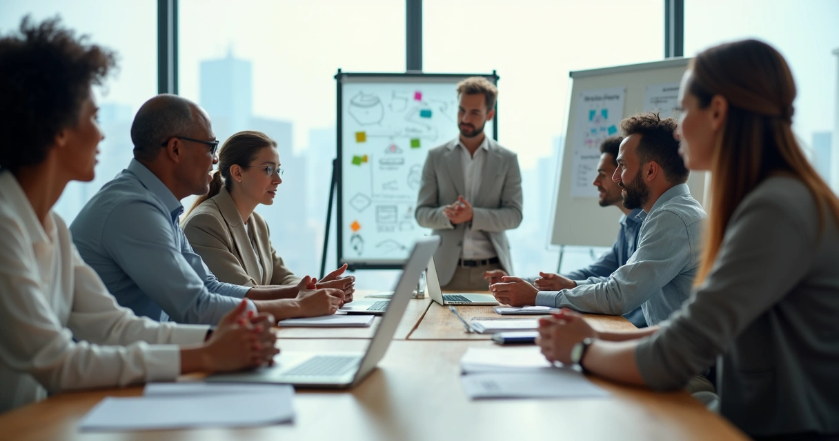 Equipe em reunião no escritório com foco em dinâmica emocional coletiva 