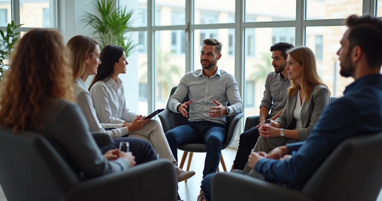 Equipe reunida em círculo, olhando um para o outro em ambiente corporativo, demonstrando respeito e escuta ativa 