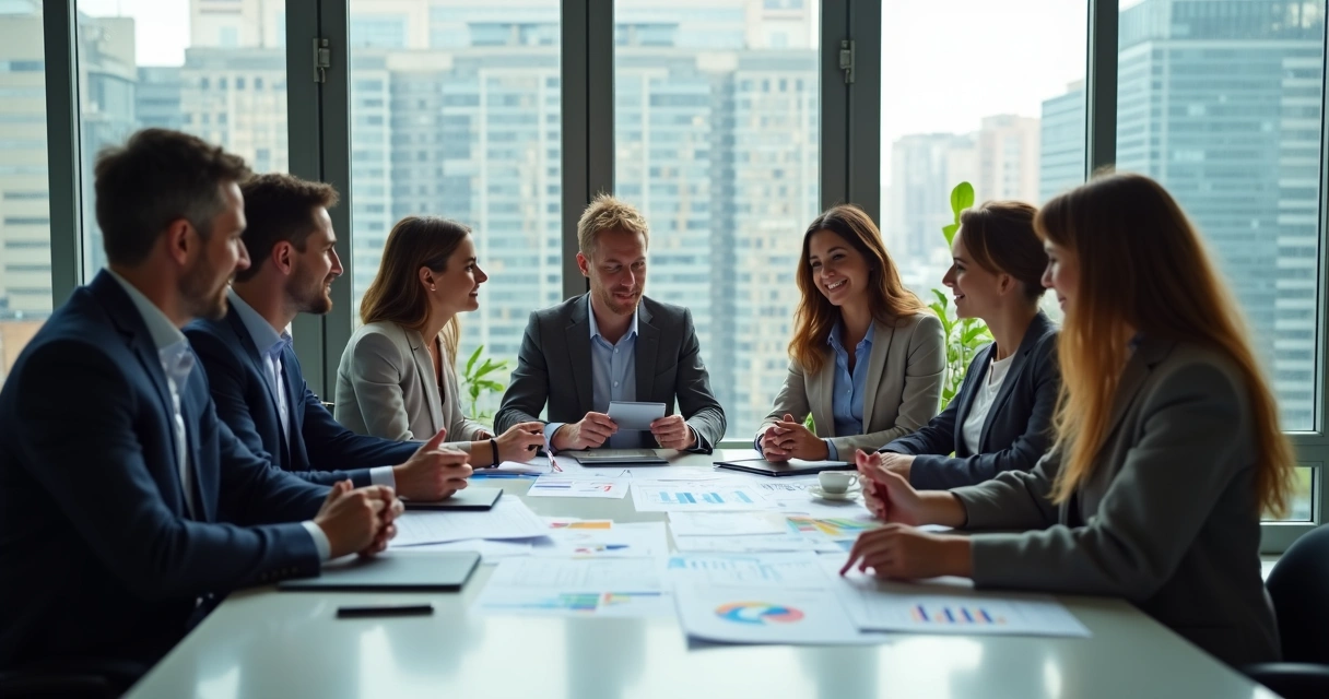 Equipe de escritório em reunião analisando gráficos 