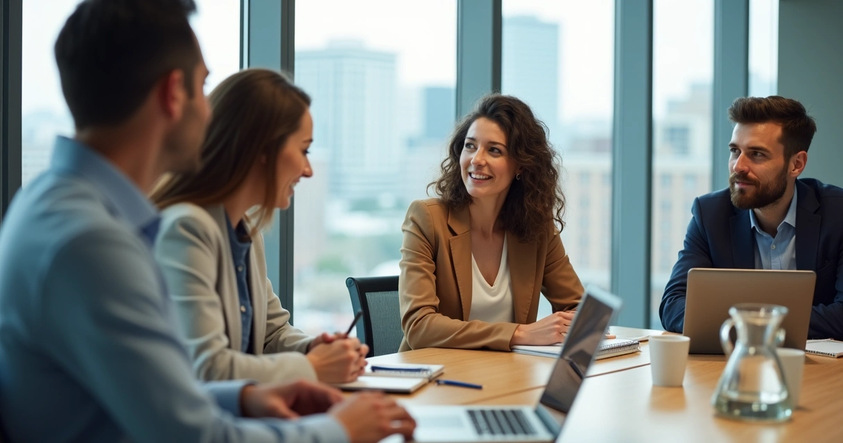 Equipe diversa em reunião praticando escuta empática no escritório 