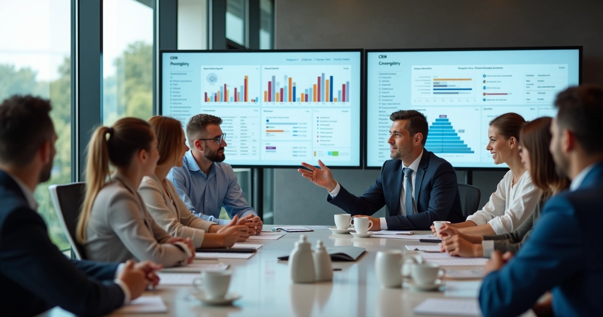 Equipe reunida em reunião estratégica de CRM 