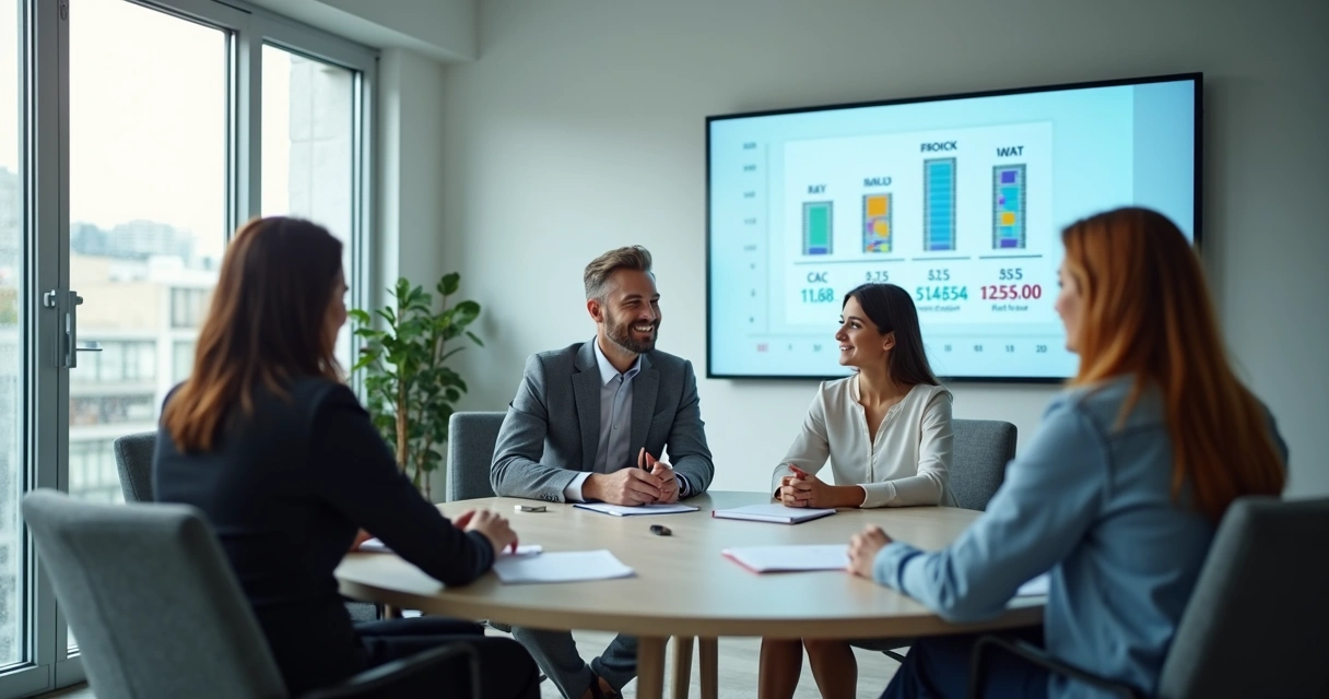 Equipe discutindo estratégias de vendas em uma sala de reunião 