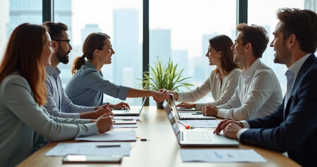 Equipe diversa em reunião de trabalho com foco em ética e colaboração 