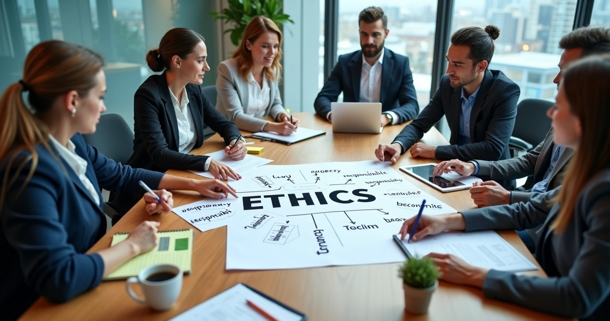 Equipe diversa em reunião discutindo princípios éticos na empresa 