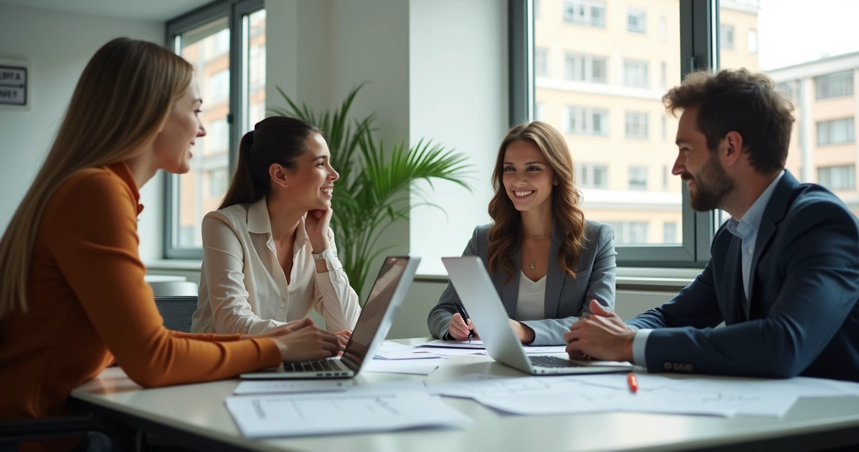 Equipe reunida em mesa de reunião informal em escritório, conversando e sorrindo, braços cruzados na frente de laptops, comunicação clara e amigável 