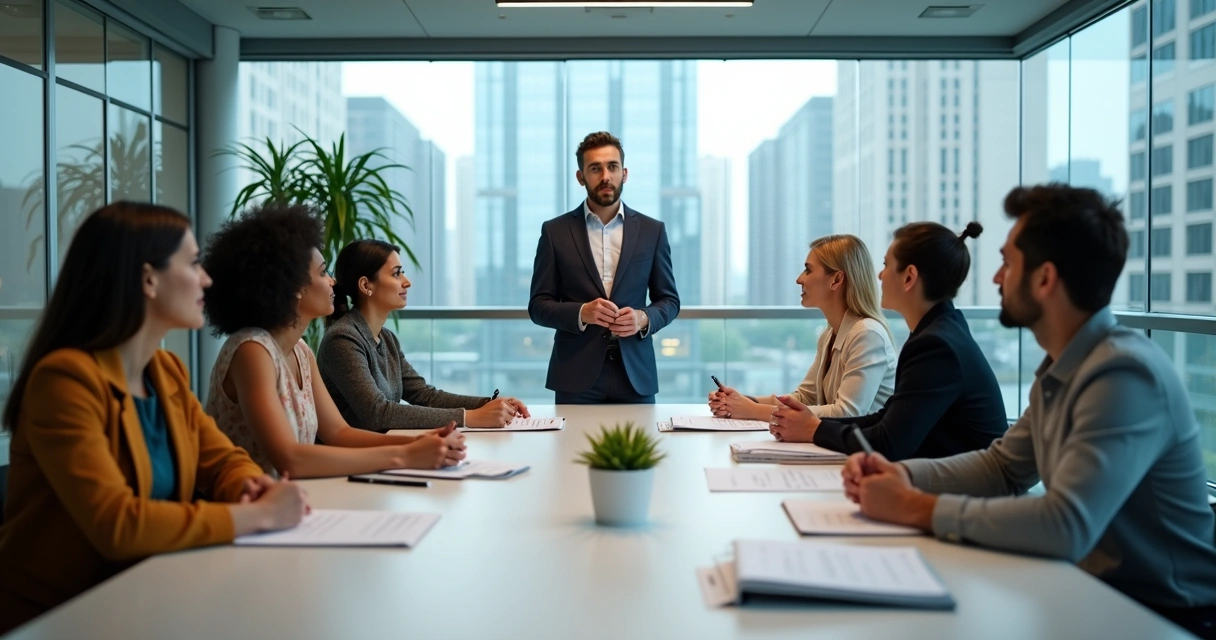 Equipe reunida em sala de reuniões recebendo feedback 
