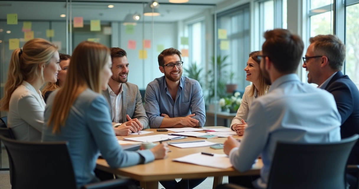 Grupo em uma reunião de trabalho discutindo feedbacks