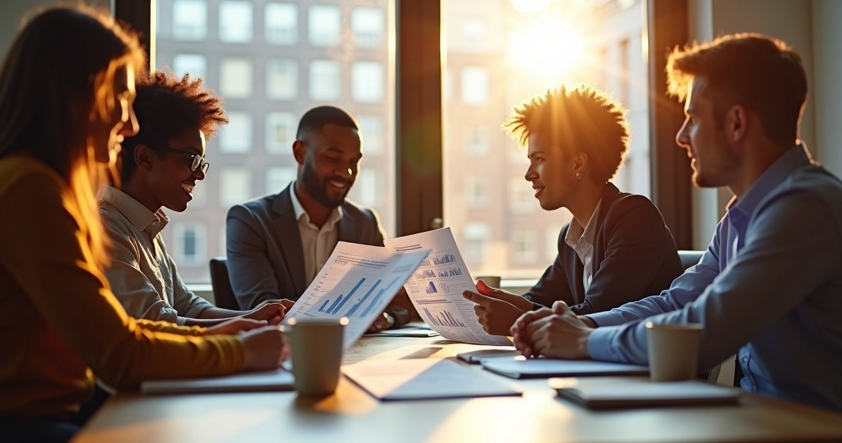 Equipe reunida discutindo finanças empresariais 