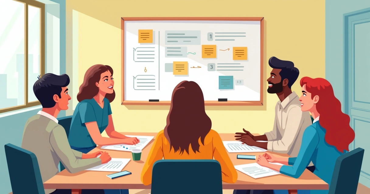 Equipe reunida em sala, definindo blocos de trabalho em quadro.