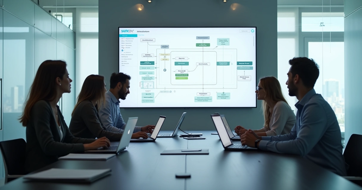 Equipe reunida discutindo fluxo de contratos em uma sala moderna 