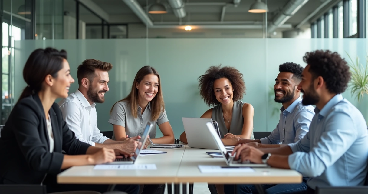 Equipe de profissionais sorrindo durante reunião em escritório iluminado 