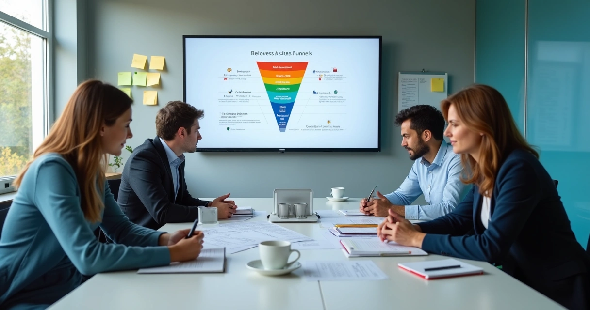 Equipe analisando funil de vendas em reunião