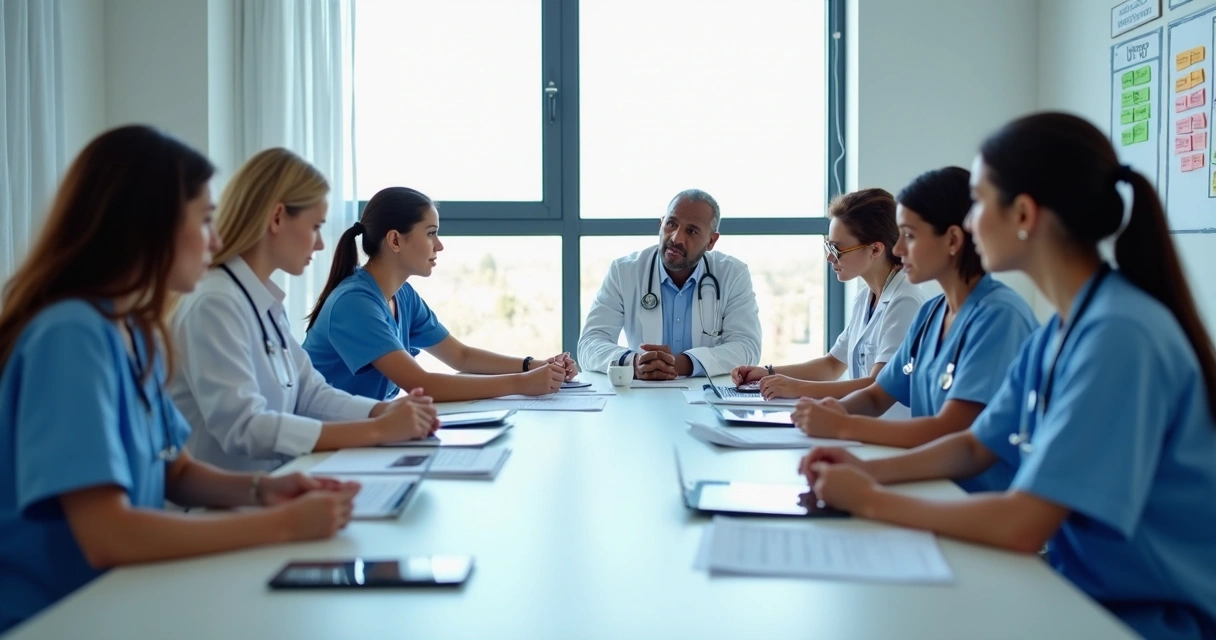 Equipe reunida em uma sala de reunião discutindo processos de gestão clínica 