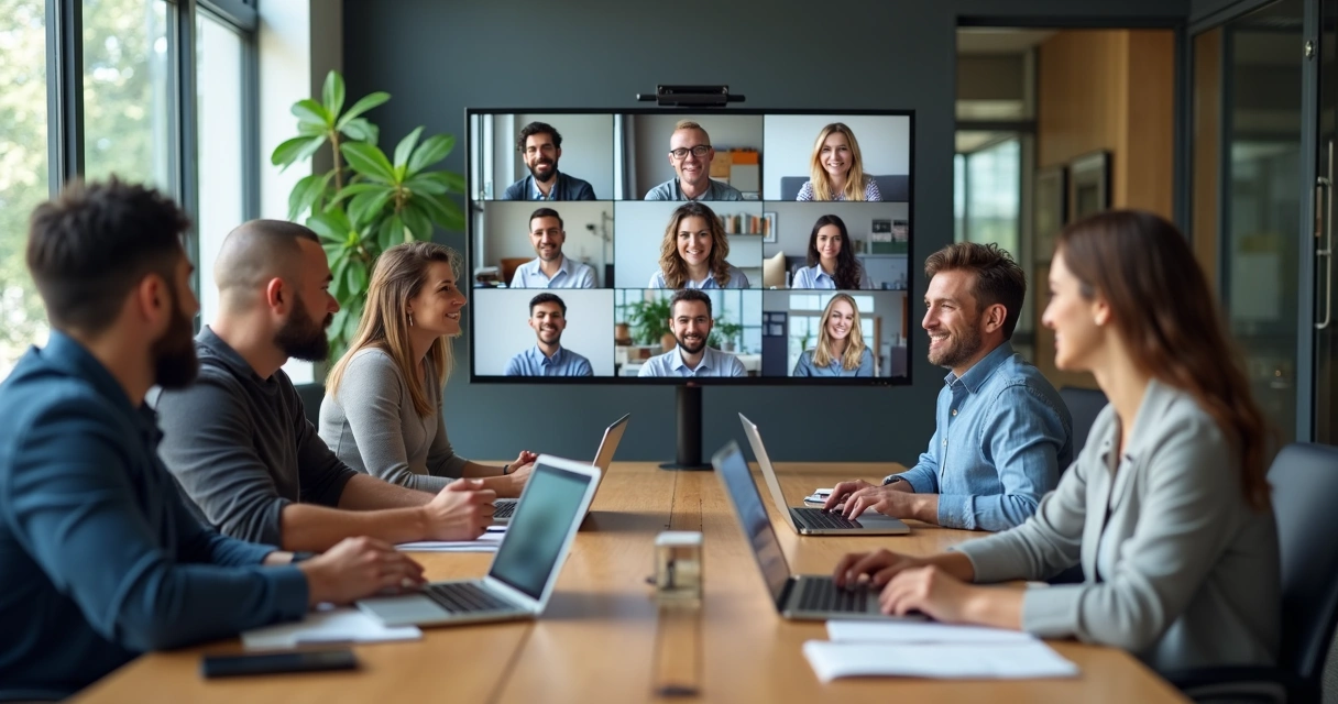 Equipe diversa reunida, alguns presencialmente e outros em tela de computador, interagindo em uma reunião 