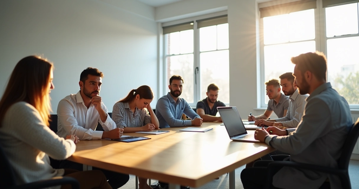 Equipe em reunião demonstrando diferentes emoções, variando entre otimismo e irritação, em uma sala clara com paredes brancas e mesa de madeira. 