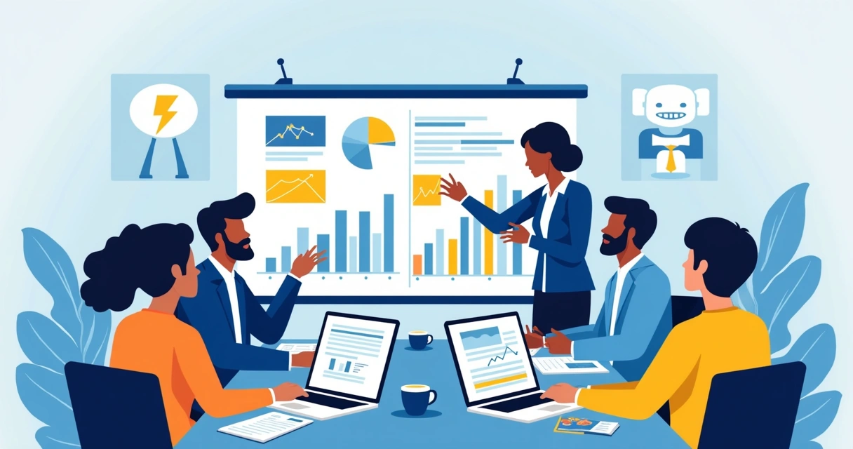 Equipe de vendas B2B reunida em mesa, analisando tela com gráficos e IA em ação
