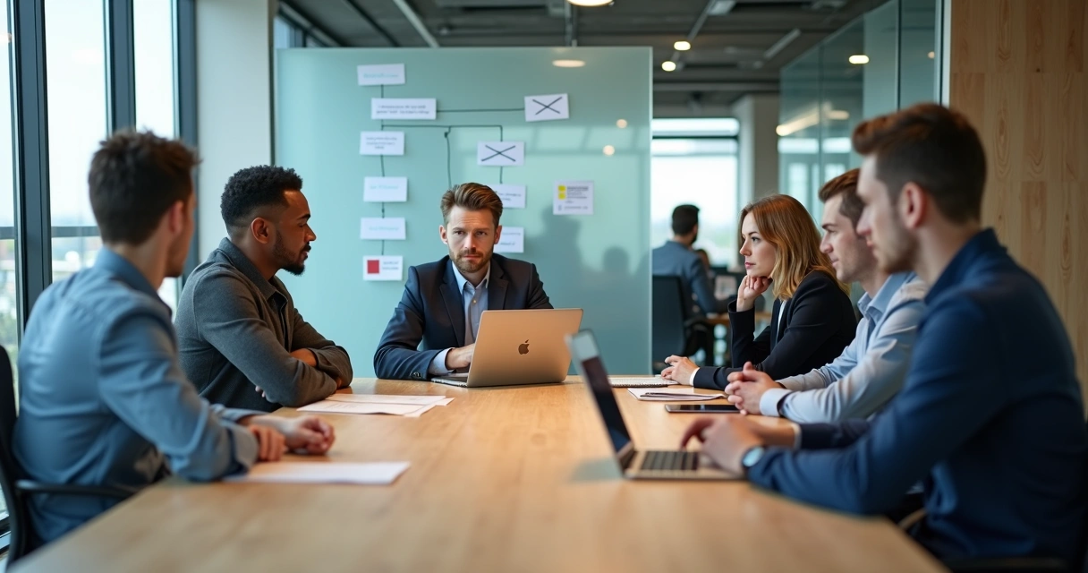 Equipe em reunião tensa com colega desatento e clima emocional pesado 
