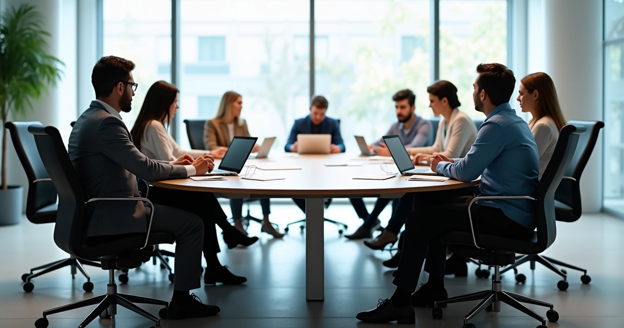 Equipe com lugares vazios em uma sala de reunião