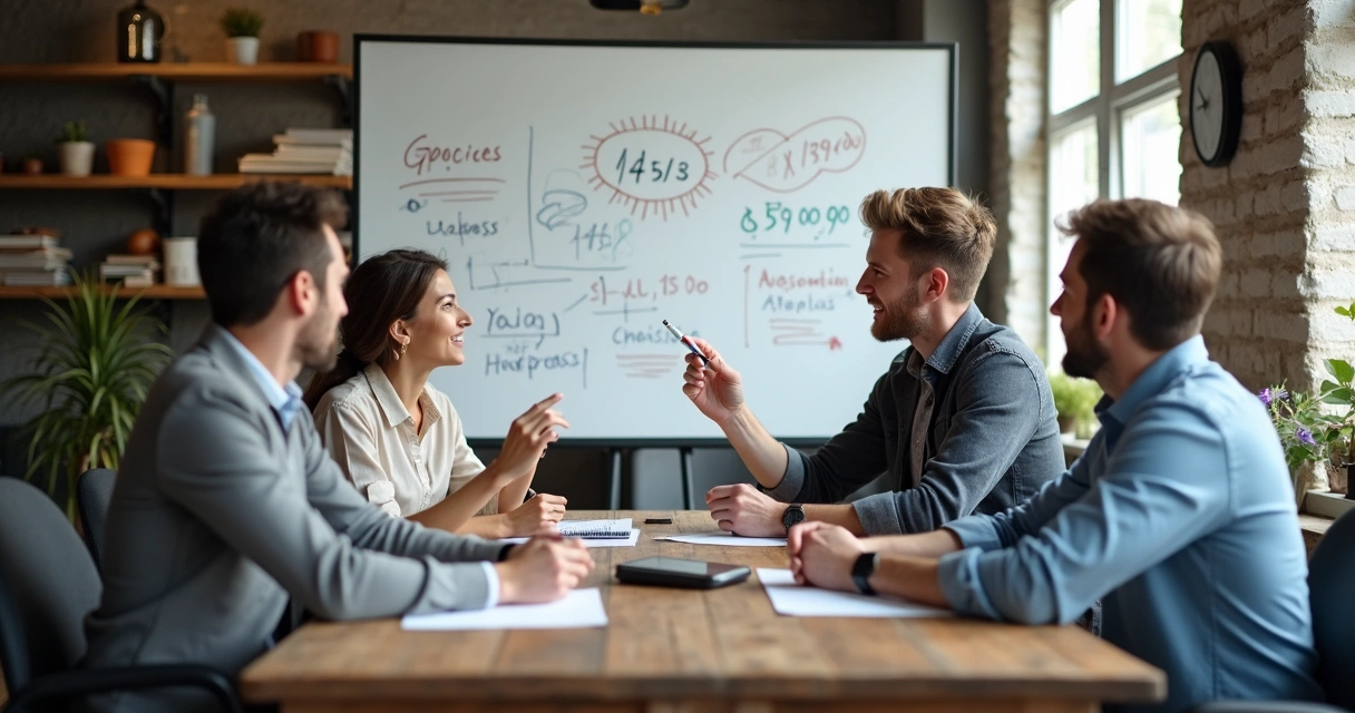 Pequena equipe comercial reunida em volta de uma mesa, discutindo números de vendas em um quadro branco simples. 