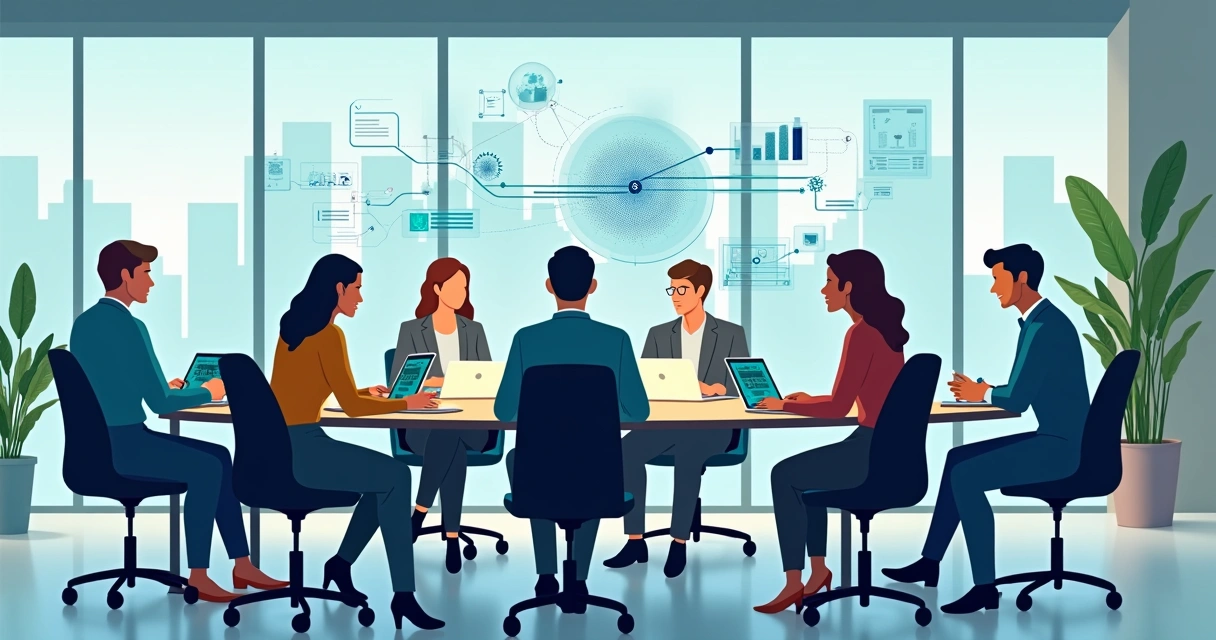 Equipe em reunião com gráficos de IA flutuando na sala 
