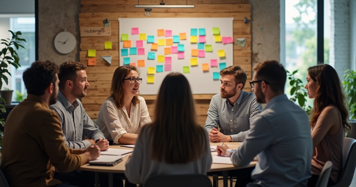 Equipes sentadas em círculo com post-its coloridos em uma parede, mapeando emoções